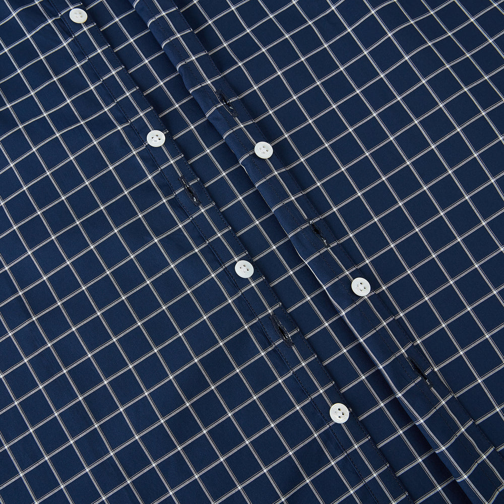 White check on navy Windsor Shirt with Open Collar and Button Cuffs