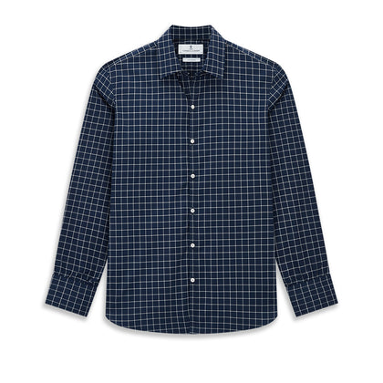 White check on navy Windsor Shirt with Open Collar and Button Cuffs Image 8