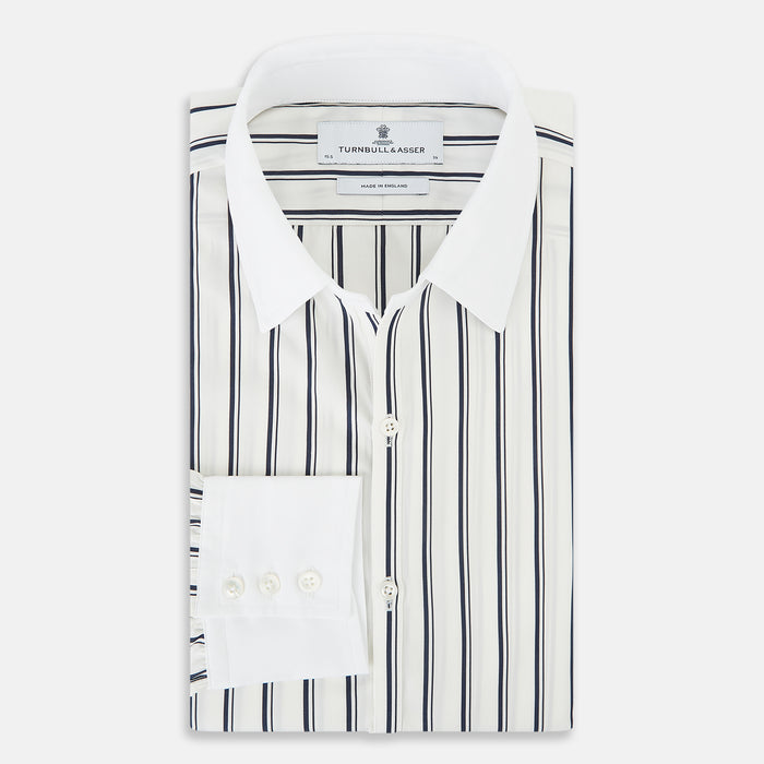 Windsor Track Stripe Navy Open Collar Regular Fit Shirt in Cotton Image 4