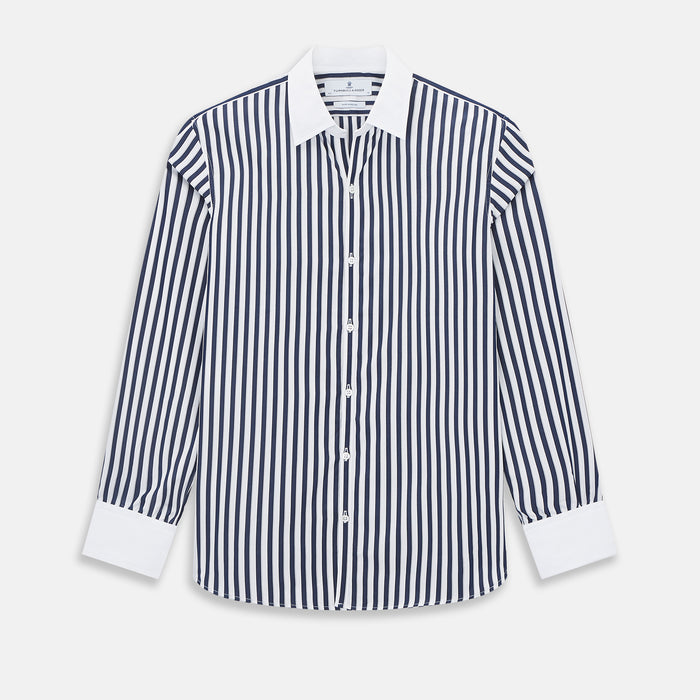 Windsor Regency Stripe Navy Open Collar Regular Fit Shirt in Cotton