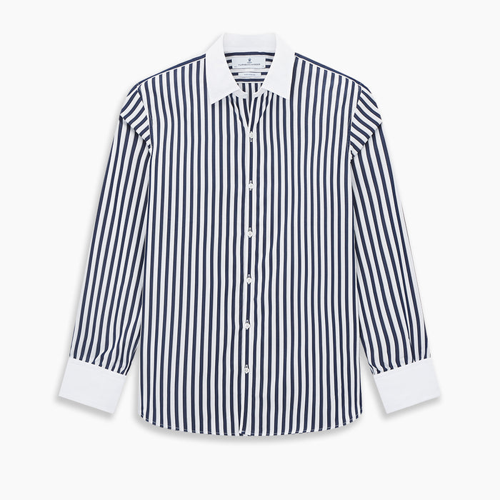 Windsor Regency Stripe Navy Open Collar Regular Fit Shirt in Cotton Image 8