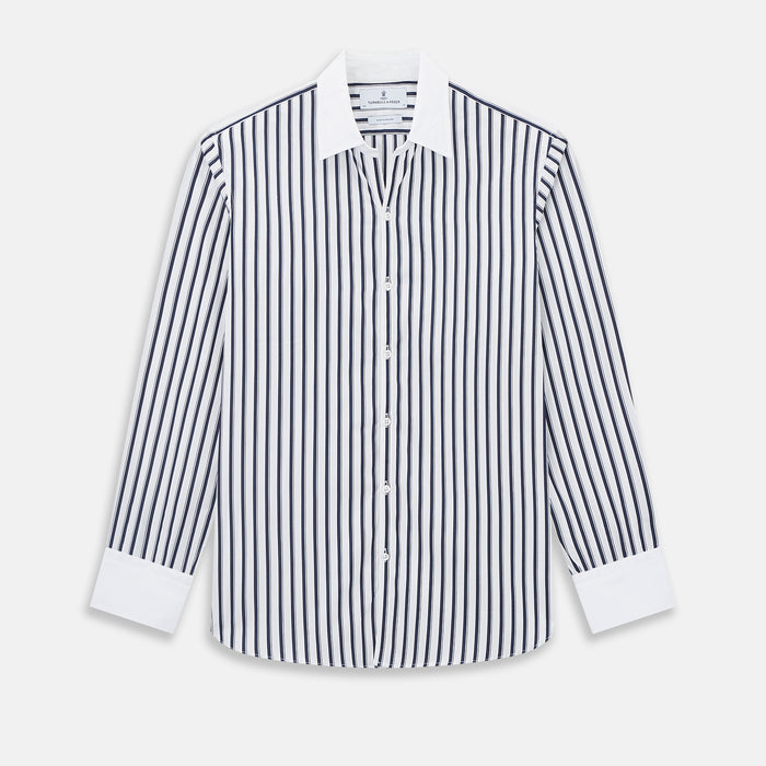 Windsor Shadow Stripe Navy Open Collar Regular Fit Shirt in Cotton