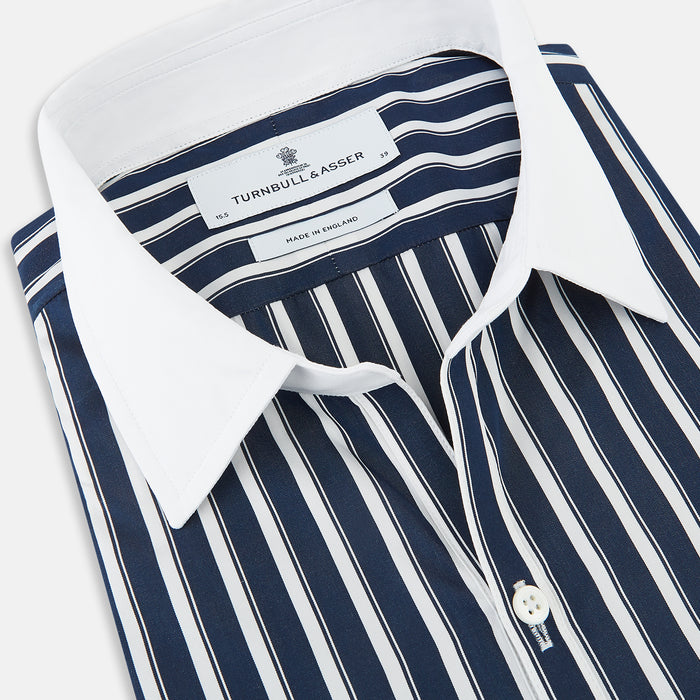 Windsor Reverse Stripe Navy Open Collar Regular Fit Shirt in Cotton Image 1