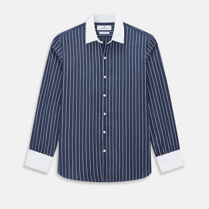 Navy and White Bar Stripe Windsor Shirt with Contrast Collar & Cuffs