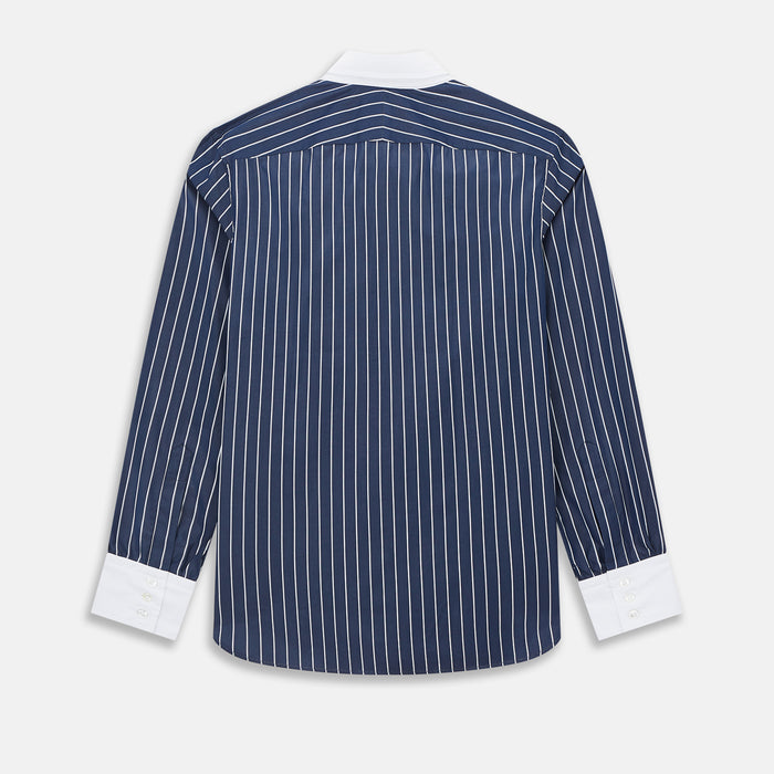 Navy and White Bar Stripe Windsor Shirt with Contrast Collar & Cuffs Image 2
