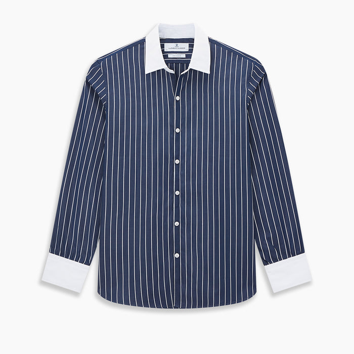 Navy and White Bar Stripe Windsor Shirt with Contrast Collar & Cuffs Image 8