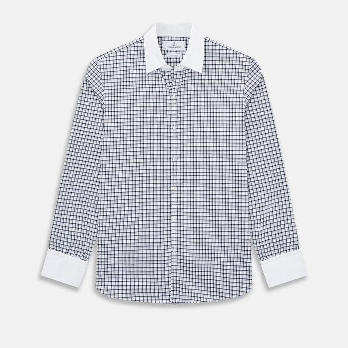Windsor Double-Track Check Navy Open Collar Regular Fit Shirt in Cotton