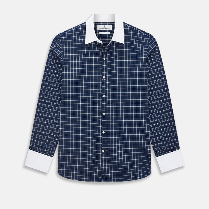 Navy and White Reverse Graph Check Windsor Shirt with Contrast Collar & Cuffs