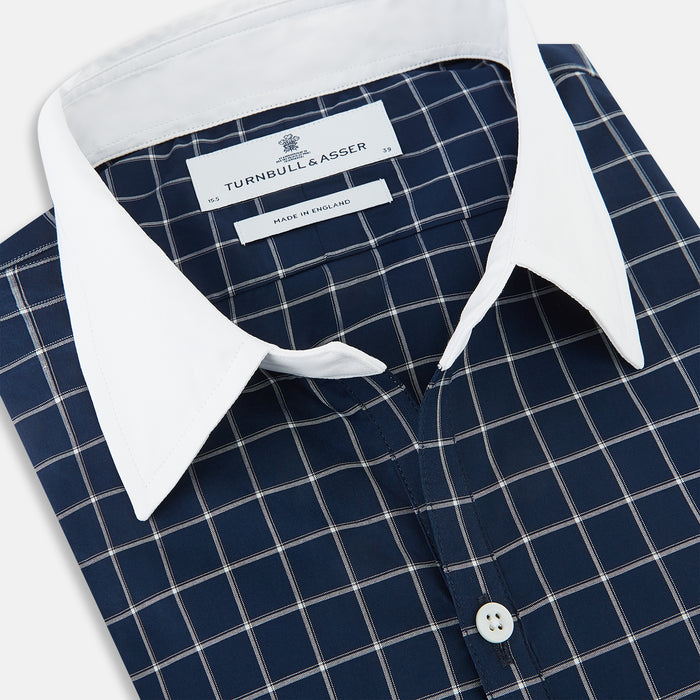 Navy and White Reverse Graph Check Windsor Shirt with Contrast Collar & Cuffs Image 1