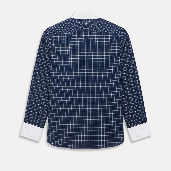 Navy and White Reverse Graph Check Windsor Shirt with Contrast Collar & Cuffs Image 2