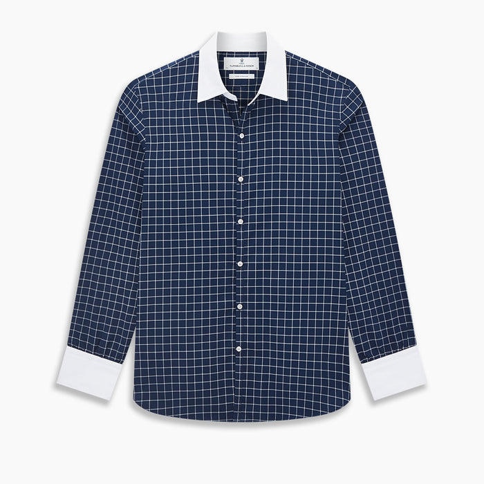 Navy and White Reverse Graph Check Windsor Shirt with Contrast Collar & Cuffs Image 8