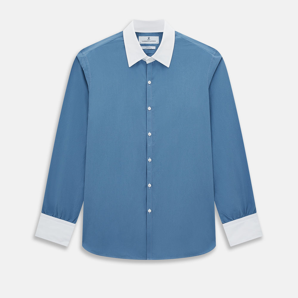 british collar dress shirt Classic Fit Blue Stripe English Spread Collar Non-Iron Men's Dress Shirt Wilkes & Riley, LLC