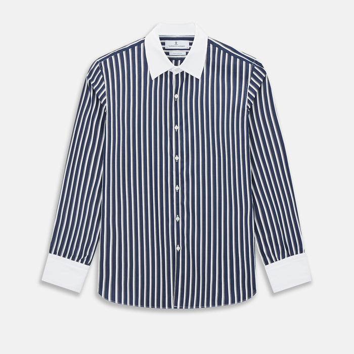 Westminster Regency Stripe Navy Closed Collar Regular Fit Shirt in Cotton
