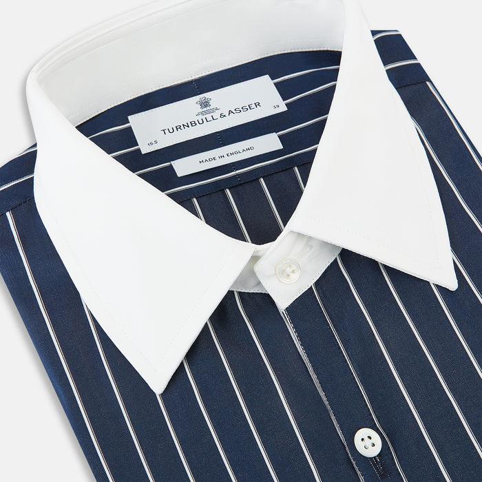 Westminster Bar Stripe Navy Closed Collar Regular Fit Shirt in Cotton Image 1