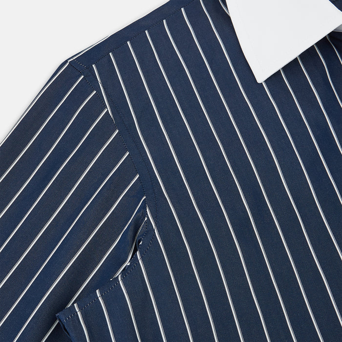 Westminster Bar Stripe Navy Closed Collar Regular Fit Shirt in Cotton Image 5