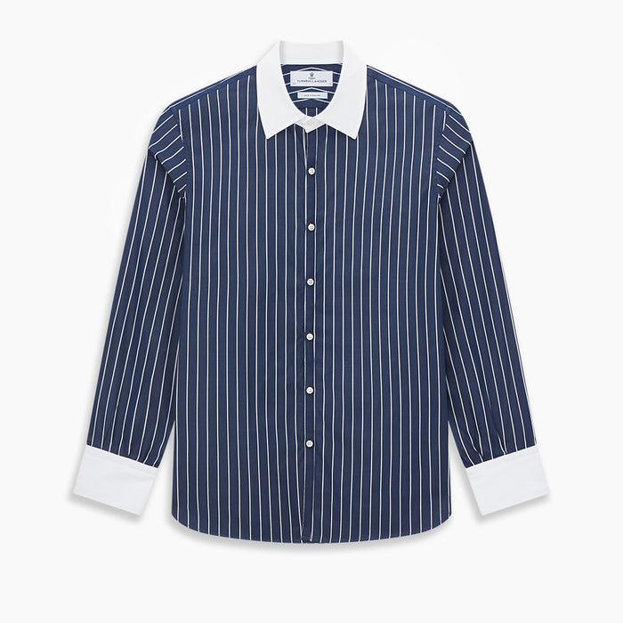 Westminster Bar Stripe Navy Closed Collar Regular Fit Shirt in Cotton Image 8