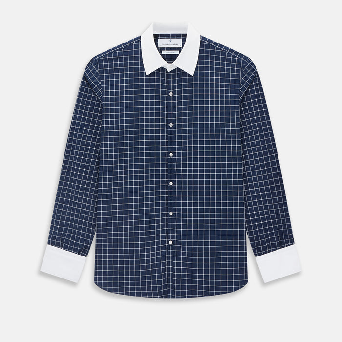 Navy and White Reverse Graph Check Westminster Shirt with Contrast Collar & Cuffs