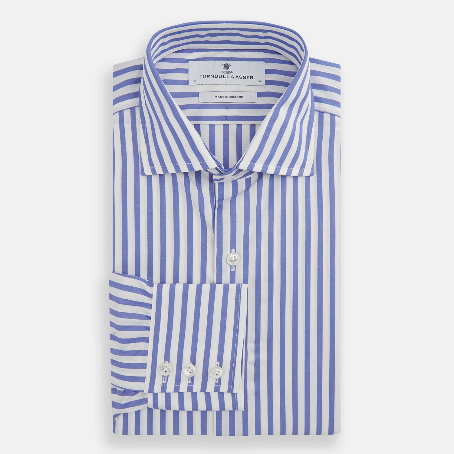 View 4 of product Tailored Fit Blue and White Candy Stripe Shirt with Kent Collar and 3-Button Cuffs