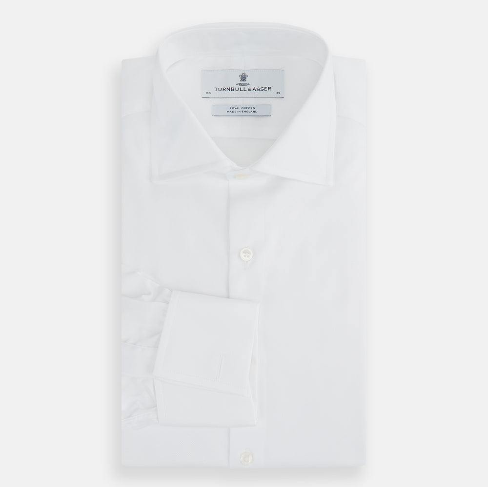 Tailored Fit White Royal Oxford Cotton Shirt with Kent Collar and Double Cuffs