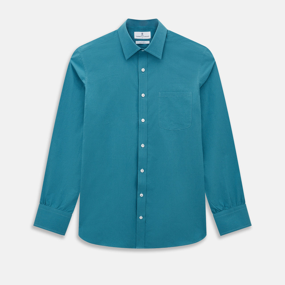 Fine Checked Turquoise Blue Weekend Fit Shirt in Cotton