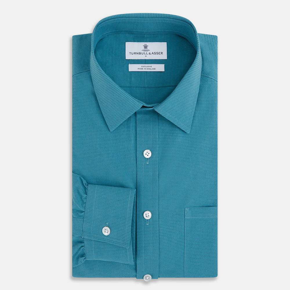 Fine Checked Turquoise Blue Weekend Fit Shirt in Cotton