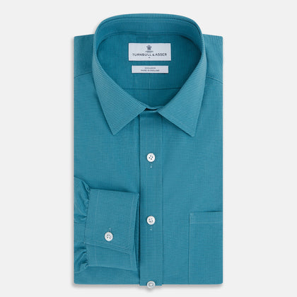 Fine Checked Turquoise Blue Weekend Fit Shirt in Cotton Image 4