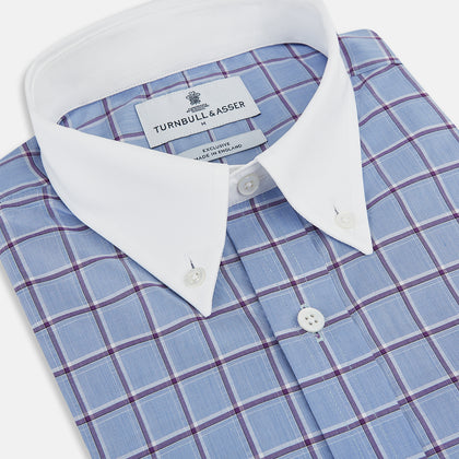 Blue and Purple Windowpane Check Richmond Shirt with Contrast Collar & Cuffs