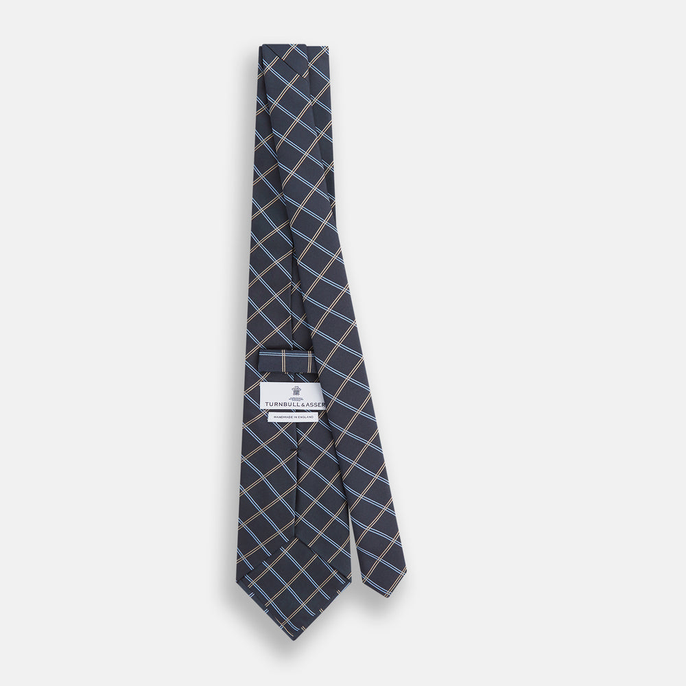 Navy Fine Double Check Silk Tie