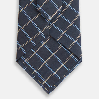 Navy Fine Double Check Silk Tie Image 2