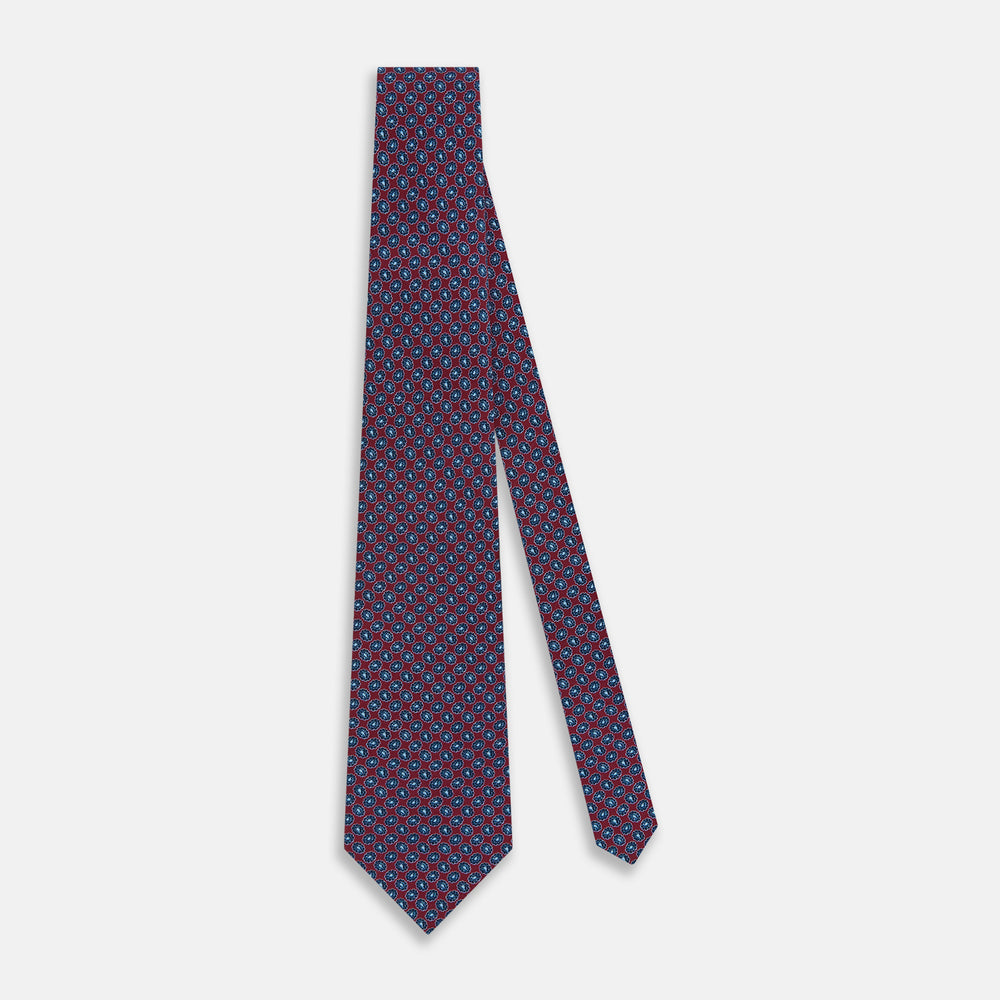 Blue and Red Floral Foulard Printed Silk Tie OS