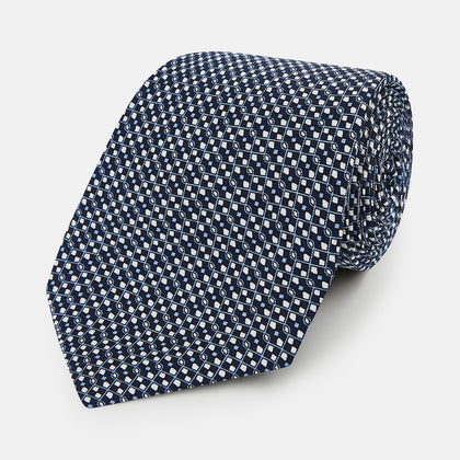 Navy Geometric Lattice Damier Printed Silk Tie