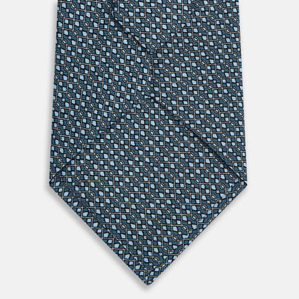 Blue Geometric Lattice Damier Printed Silk Tie Image 2