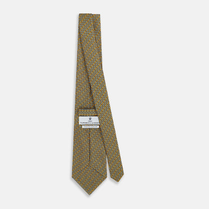 Yellow Geometric Lattice Damier Printed Silk Tie Image 3