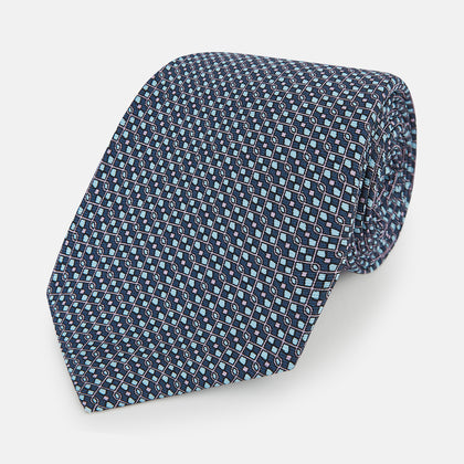 Teal Geometric Lattice Damier Printed Silk Tie