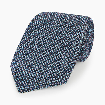Teal Geometric Lattice Damier Printed Silk Tie Image 4