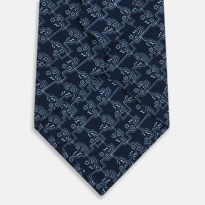 Dark Navy Floral Jigsaw Printed Silk Tie Image 2