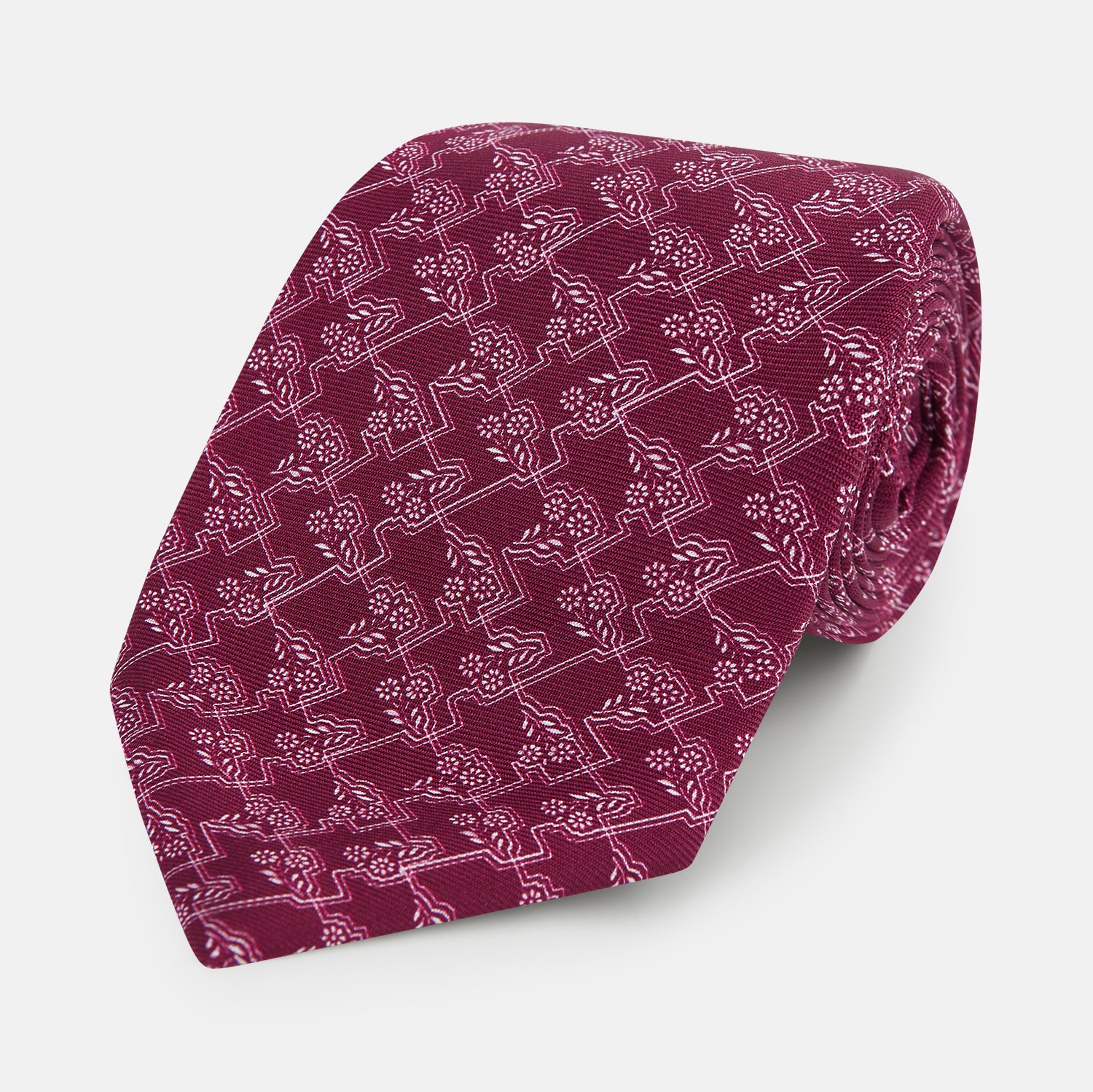 View 1 of product TIES 9.5CM FLORAL JIGSAW PRINTED SILK BURGUNDY OS