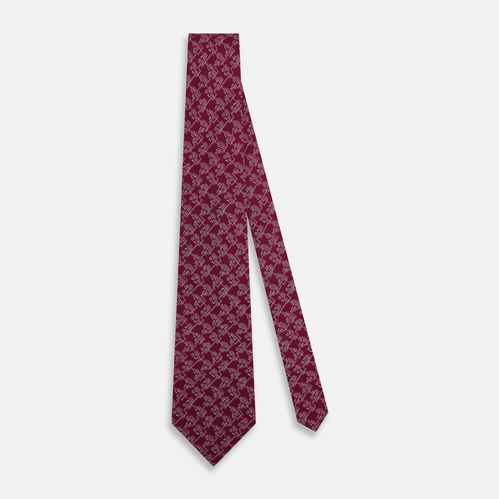 TIES 9.5CM FLORAL JIGSAW PRINTED SILK BURGUNDY OS