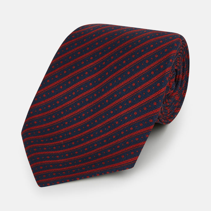 Red Beaded Ticking Stripe Printed Silk Tie