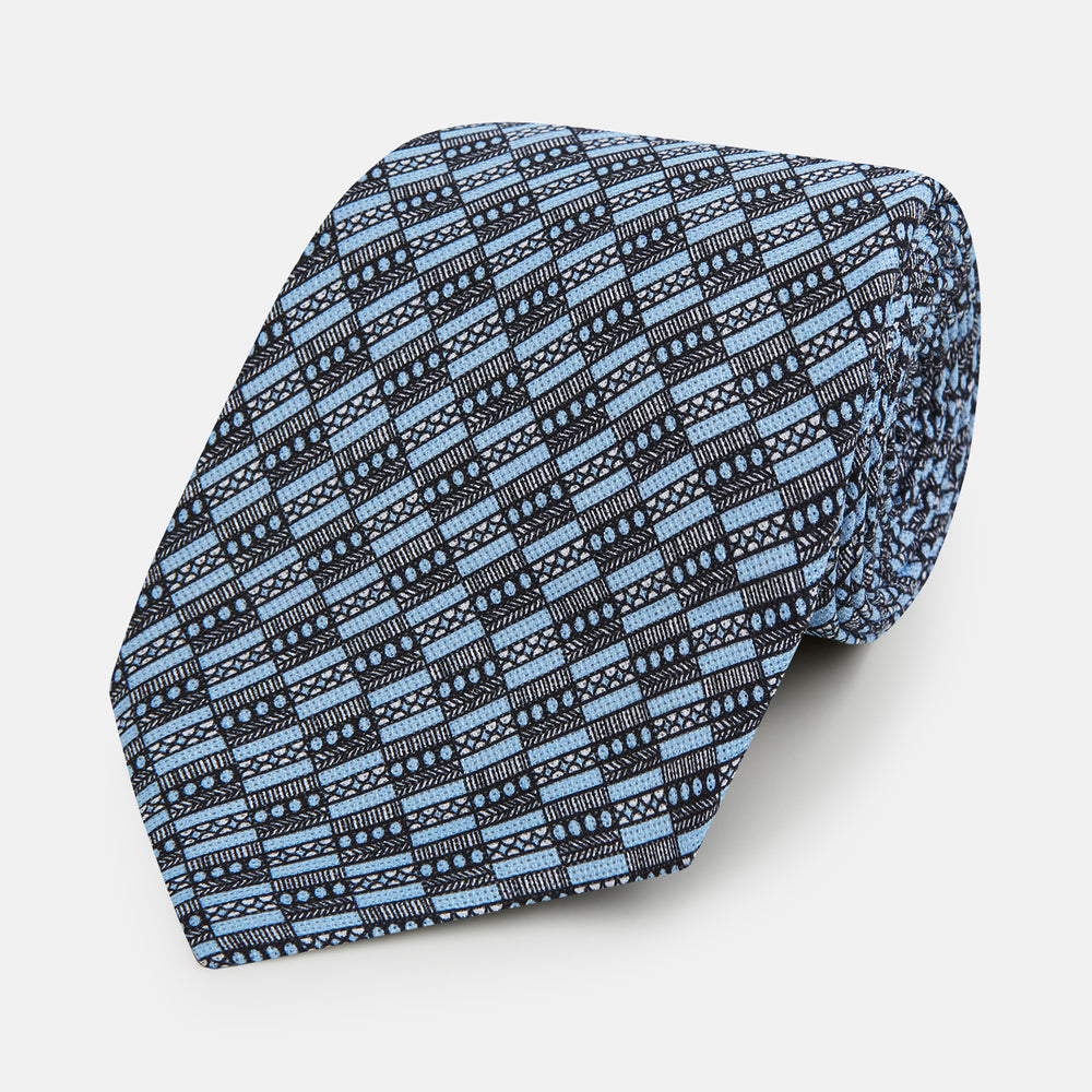 Light Blue Hatched Mosaic Printed Silk Tie OS