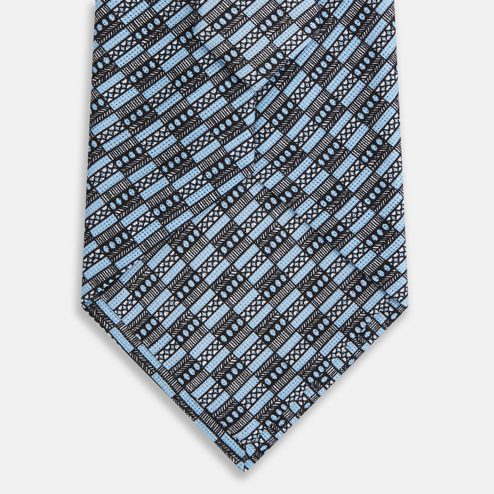 Light Blue Hatched Mosaic Printed Silk Tie OS