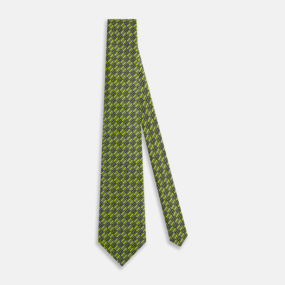 Lime Green Hatched Mosaic Printed Silk Tie OS
