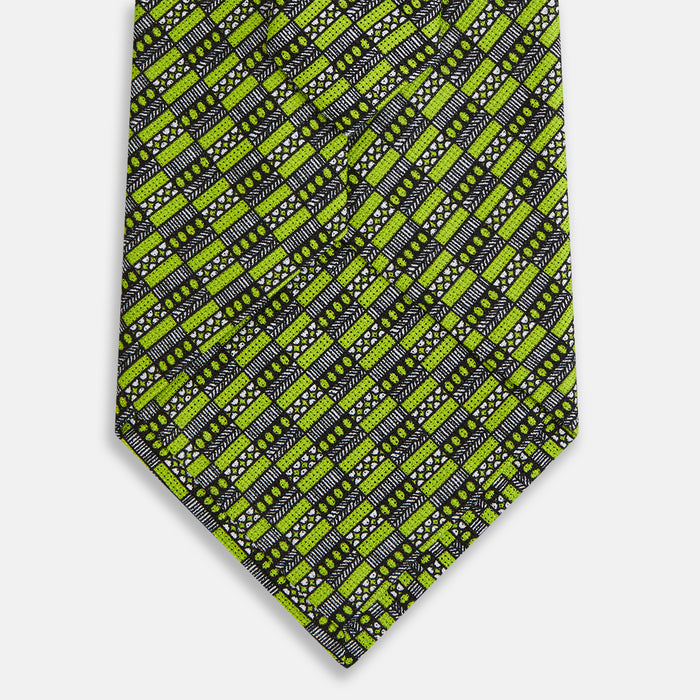 Lime Green Hatched Mosaic Printed Silk Tie Image 2