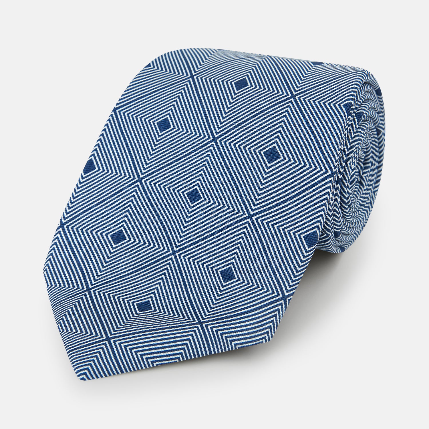 View 1 of product White and Navy Concentric Diamond Printed Silk Tie OS