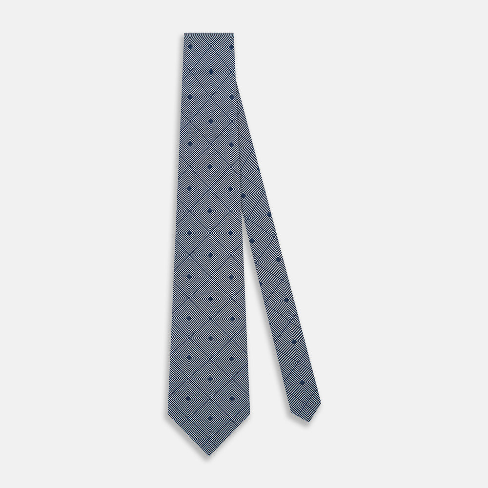 Pale Blue and Navy Concentric Diamond Printed Silk Tie OS
