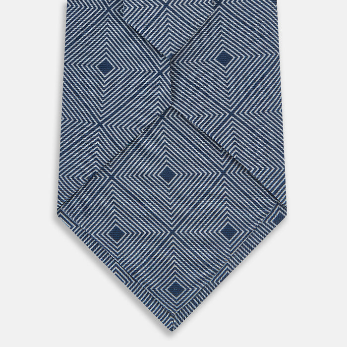 Pale Blue and Navy Concentric Diamond Printed Silk Tie Image 3