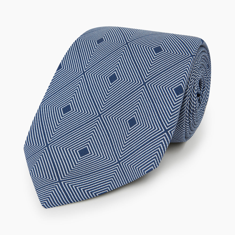 Pale Blue and Navy Concentric Diamond Printed Silk Tie OS