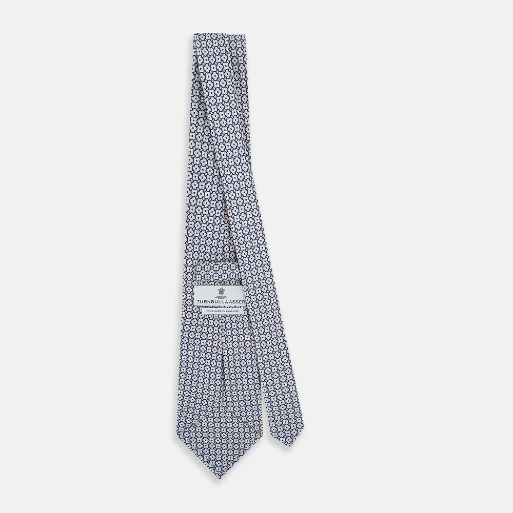 Pale Blue and Navy Concentric Diamond Printed Silk Tie OS