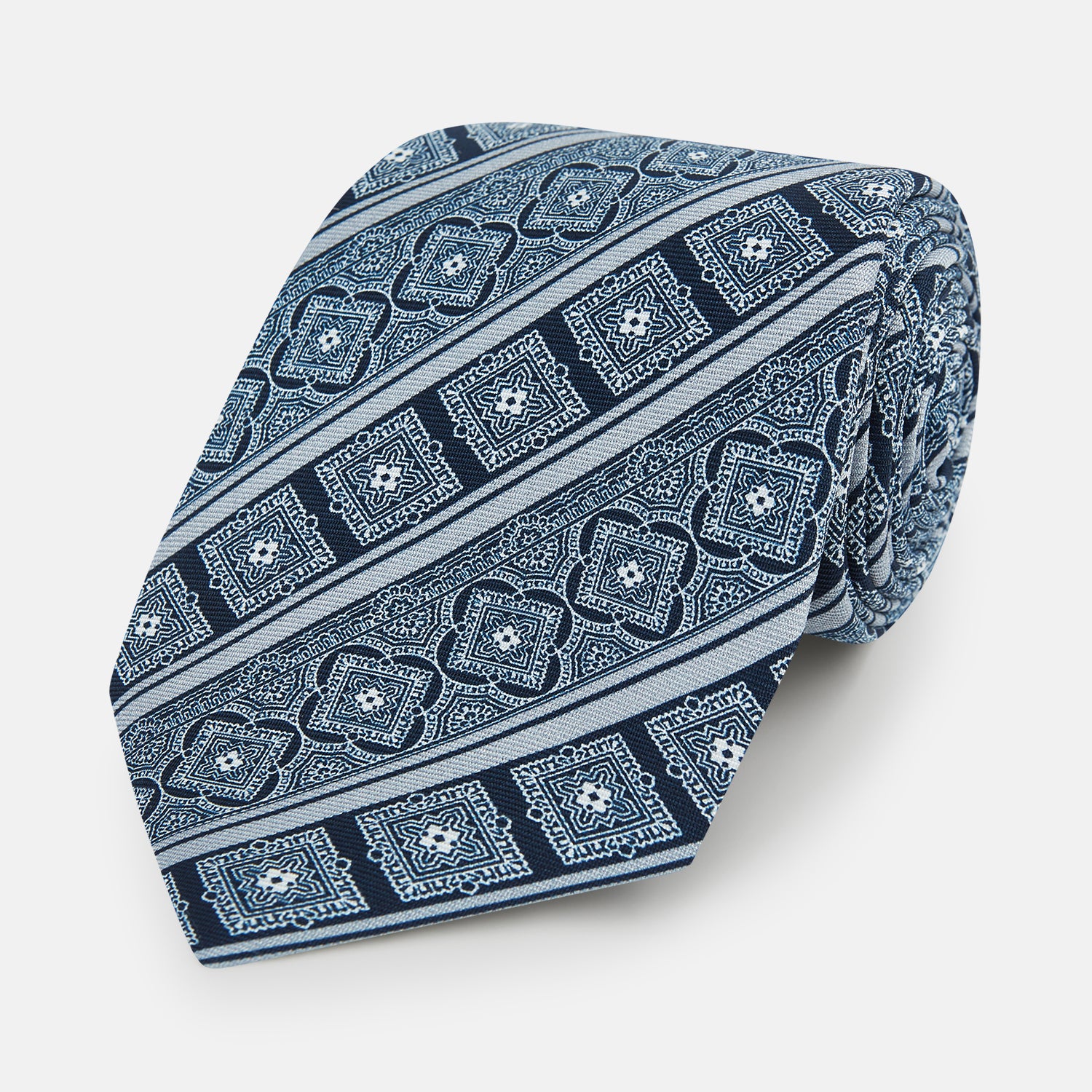 View 1 of product TIES 9.5CM TILE AND STRIPE PRINTED SILK NAVY OS