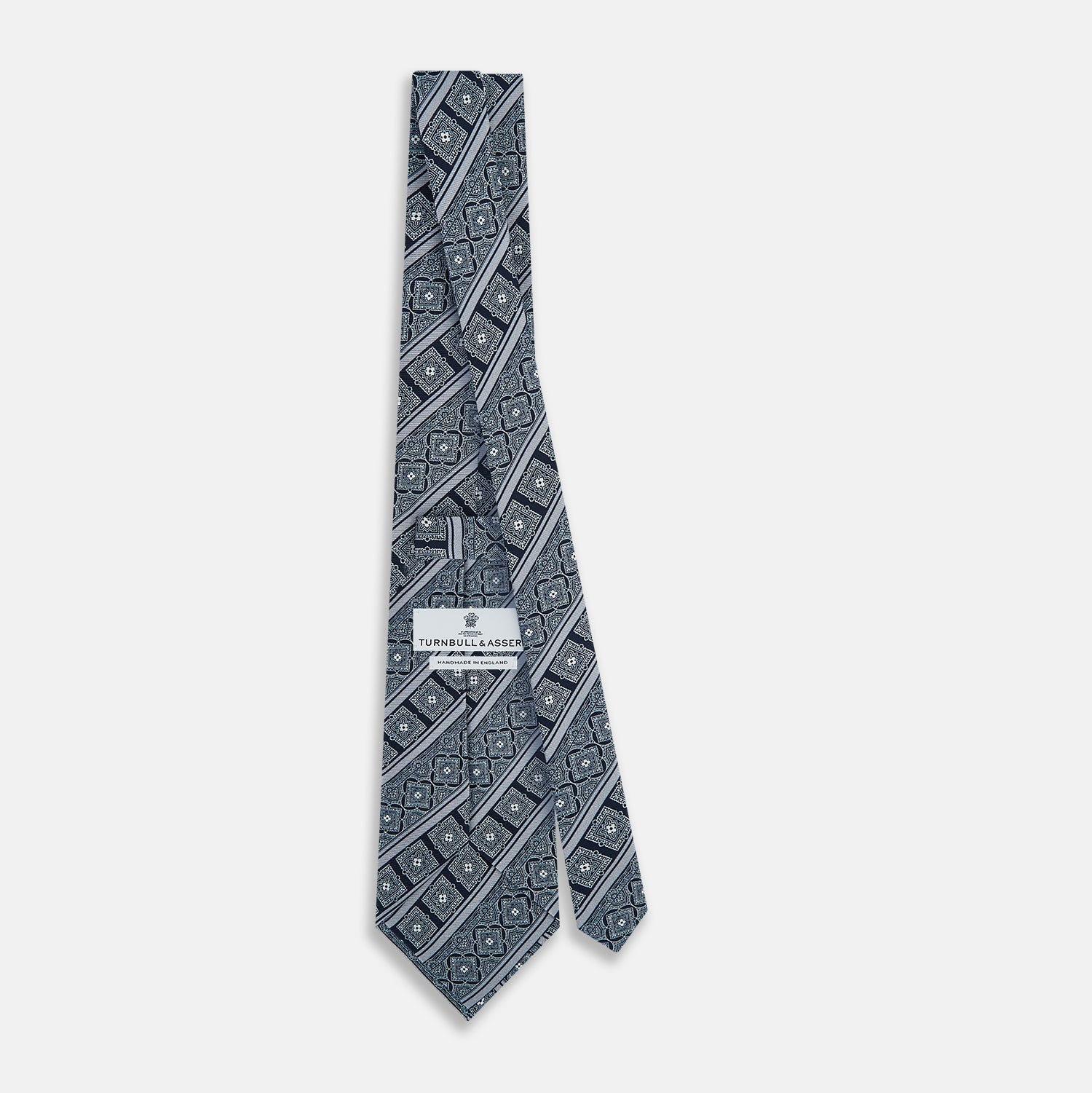 View 4 of product TIES 9.5CM TILE AND STRIPE PRINTED SILK NAVY OS